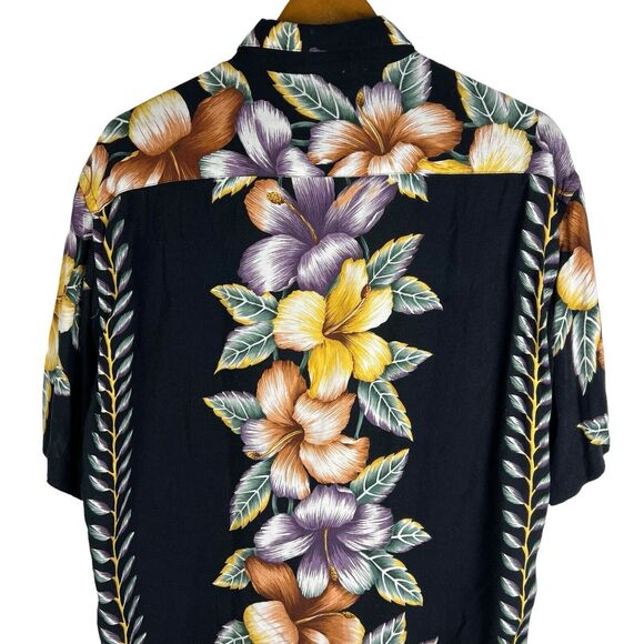 Pierre Cardin Hawaiian Camp Button Shirt Mens Sz Large Black Floral Beach Hawaii - Picture 4 of 6